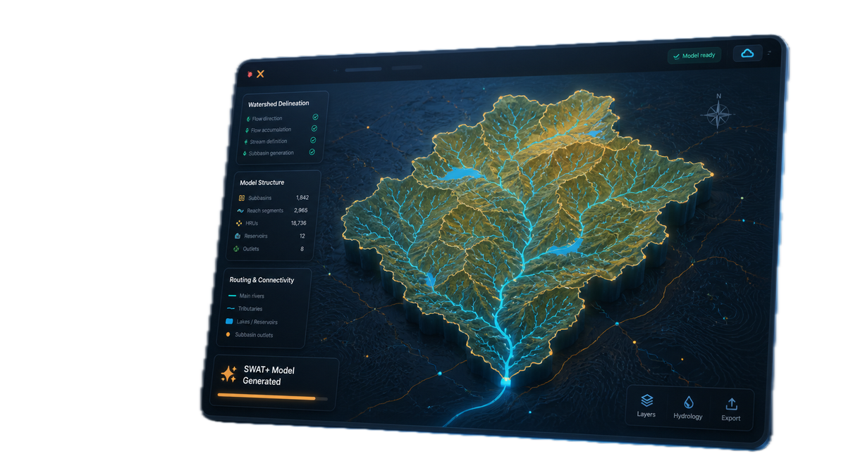 SWATGenX conceptual illustration: watershed and SWAT+ model interface